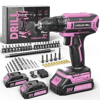 Pink Cordless Drill Set, 20V Max PowerDrill for Women, Lightweight ElectricDrill with 2 Batteries and Charger, 25 Position and 56 Pcs Accessoires, Womens Drill Tools Kit for House