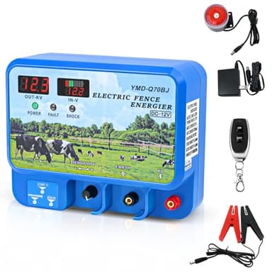 15.5J Electric Fence Charger, 15.5 Joules 600 Acres, AC DC 2 in 1 Powered Supply, Input 12V Output 12KV, with Display Remote and Alarm, Keep Out Predators, Contain Cattle Cow and Livestock