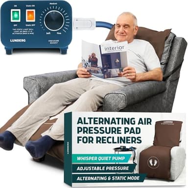 Lunderg Alternating Air Pressure Pad for Recliner Chair - Pressure Relief Cushion Topper for Recliner - Bed Sore Prevention - Medical Grade Mattress Pad, Cover & Quiet Pump - Home or Hospital (Coffee)