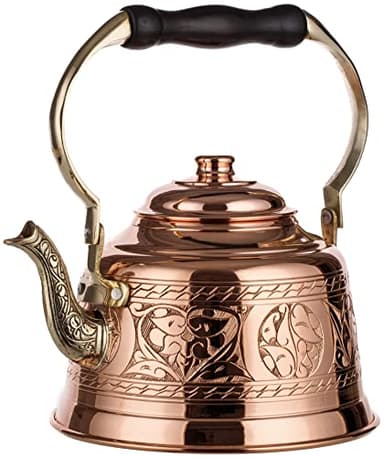DEMMEX Heavy Gauge 1mm Thick Engraved Solid Copper Tea Pot Kettle Stovetop Teapot, Handmade (1.6-Quarts - Engraved)