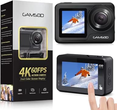 GAMSOD 4K 60FPS 20MP WiFi Action Camera with Front LCD & Touch Rear Screens, 131 Feet Waterproof, Stabilization, EIS 2.0, Remote Control Outdoor Sports Camera, Vlog Underwater Camera with 2X Batteries