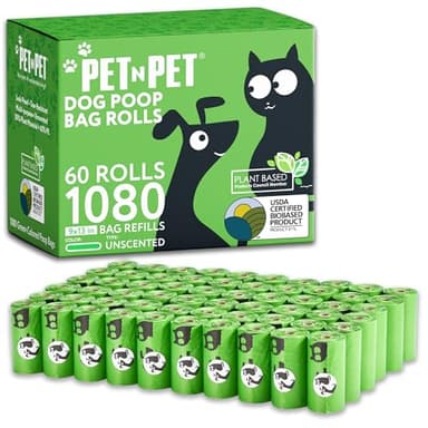 Pet N Pet 1080 Counts Green Poop Bags for Dogs, 41% Plant Based & 59% PE Extra Thick Dog Poop Bags Rolls, 9" x 13", Unscented Pet Waste Bag