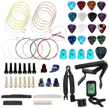 NERECNDENS 66PCS Guitar Accessories Kit, Acoustic Changing Tool, Including Guitar Acoustic Strings, Picks, Capo, String Winder&Cutter, Tuner, Bones, for Players and Beginners