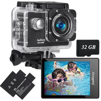 Jadfezy Action Camera FHD 1080P with 32GB Card, 98FT/30M Underwater Waterproof Camera with 2 Rechargeable Batteries, Wide Angle Sports Camera with Accessories Kit Suitable for Helmet, Bicycle, etc.