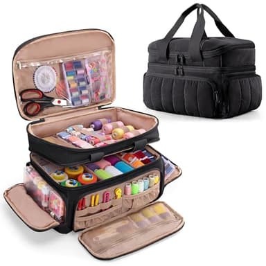 Marscamd Puffer Sewing Organizer Bag, Large Capacity with Multiple Pockets and Detachable Dividers, Storage Box for Threads, Needles, Scissors, Craft Supplies, Black (BAG ONLY, NO SUPPLIES)