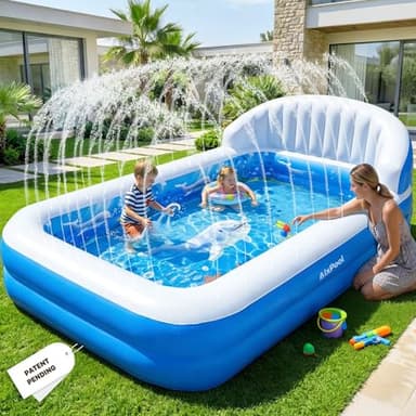 AixPool 2026 Inflatable Pool with Sprinkler,Durable Blow up Pool with Big Backrest, Rectangle Kids Pool Backyard,Children Swimming Pool,Small Inflatable Kiddie Pool,Outdoor Water Pool for Kids-M