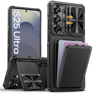 SSLOTSCASE for Samsung Galaxy S25 Ultra Case with Card Holder & Kickstand & Slide Camera Lens Cover, Silicone Edge Protection Rugged Heavy Duty Phone Case Cover for Galaxy S25 Ultra 5G 2025, Black