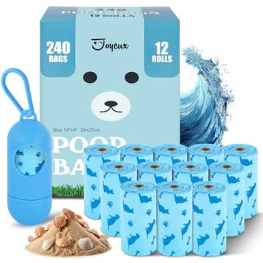 Joyeux 240 Count Ocean Scent Dog Poop Bags Rolls,with Dispenser,Leak-Proof Large Doggie,Extra Thick Poop Bag for Dogs,Cats Litter Bags,Blue Trash Bags for Doggy Pets Bolsa de Popo de Perro