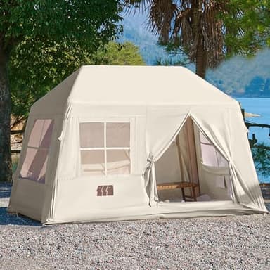 Inflatable Tents for Camping, Blow Up Tent with Hand Pump, 3-4 Person Air Glamping Tent with Canopy, Easy Setup 4 Season Waterproof Windproof Outdoor Glamping House（Brown）