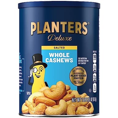 PLANTERS Deluxe Salted Whole Cashews, Party Snacks, Plant-Based Protein, Quick Snack for Adults, After School Snack, Roasted Cashew Flavored with Sea Salt, Bulk Nuts, Kosher, 1 lb 2.25oz Canister