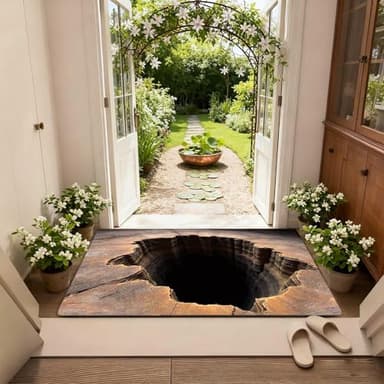Bottomless Hole 3D Optical Illusion Rug, Front Door Mat Indoor Outdoor Entrance, Non-Slip Visual Illusion Doormat for Bedroom, Living Room, Porch, Patio Porch Entryway (Brown S)