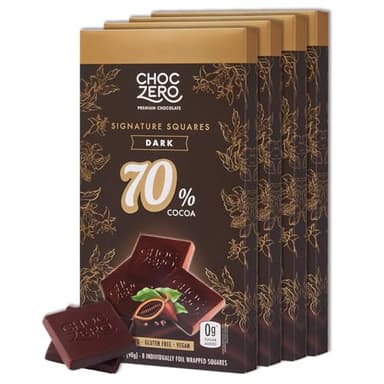 ChocZero 70% Cocoa Dark Chocolate Squares, Sugar Free, Vegan, Low Carb, High Fiber, Keto Friendly, No Sugar Alcohols (4 Count, 3.2oz Boxes)