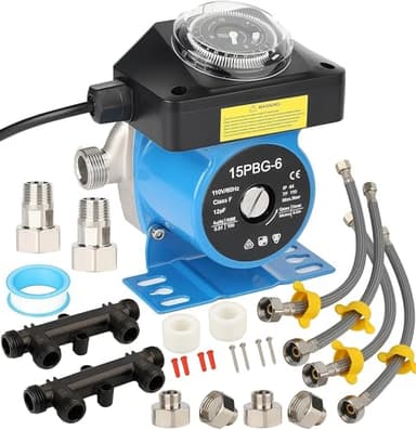 Instant Hot Water Recirculating Pump Kit with Built-in Timer – Compatible with Watts 0955805 & Grundfos 595916 Systems, Includes 2 Brass Sensor Valves (595926), 4 Supply Lines, and 4 Adapters