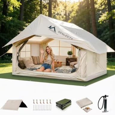 10' x 8' Inflatable Camping Tent for 6-8 People, 4 Season Blow up Tent with Rainfly, Easy Setup Air Pump, Waterproof pad, Luxury Inflatable Hot Tent with Stove Jack for Camping