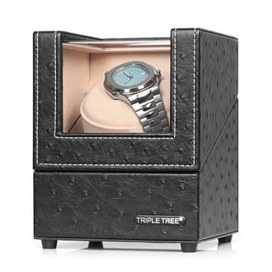 TRIPLE TREE Single Watch Winder Newly Upgraded, with Flexible Plush Pillow, in Wood Shell and Black Leather, Japanese Motor, 4 Rotation Mode Setting, Fit Lady and Man Automatic Watches