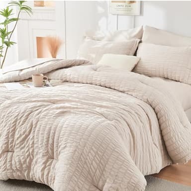 HYMOKEGE Beige King Size Comforter Set Seersucker 7 Pieces, All Season Luxury Bed in a Bag for Bedroom, Bedding Set with Comforters, Sheets, Pillowcases & Shams
