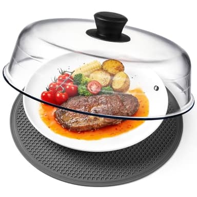 2 in 1, Glass Microwave Splatter Cover for Food & Microwave Place Mat, Plate Splatter Guard Lid with Easy Grip Silicone Handle Knob, Borosilicate Glass with Vent Hole, Food Grade, No Plastic, 10in