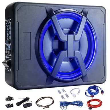 1000W Under Seat Car Subwoofer 10-Inch, Slim Powered Bass Tube w/Built-in Amplifier & Hi/Lo Input, 2025 Upgraded Deep Bass for Truck SUV Sedan | Blue LED Light | Quick Connect Wiring