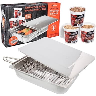 Camerons Original Stovetop Smoker - Smoker Box Gift Set w/Oak, Apple, Hickory Wood Chip Pints & Recipes - Indoor Outdoor Use on Any Heat for Smoking Meats, Veggies & Seafood - Grilling Gift for Men