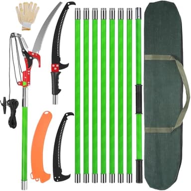 30 Ft Manual Pole Saw, Extendable Tree Pruner Blade and Scissors Set with 9 Fiberglass Handles, Long Branch Pruner Retractable for Backyard and Garden, Bush Cutting and Pruning of Palm Trees
