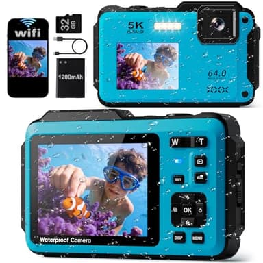 5K Underwater Digital Camera,64MP Waterproof Camera,16FT Floating Camera for Snorkeling,Scuba Diving,Surfing,Swimming & Kayaking,Autofocus,Dual-Screen,16X Zoom,Fill Light,32GB Card,Type-C Rechargeable