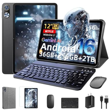 Raemond Android 16 Tablet 12 Inch with Keyboard, T7250 Octa-Core, 36GB RAM + 256GB ROM, 2000x1200 IPS 90Hz HD Display, 30MP+8MP, 9000mAh, Widevine L1, GPS, 2 in 1 Tablets with Mouse Stylus Gemini AI