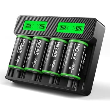HiQuick Rechargeable D Batteries with Charger, 4 Bay Universal Battery Charger with Built-in Cable for 3.7V Lithium ion 18650 21700 14500 26650 18350 and 1.2V Ni-MH Ni-CD AA AAA C D Battery