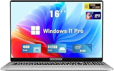 FUNYET Laptop Computer, Gaming Laptops 2026, 16 Inch Lap Top PC Windows 11 Pro, 16GB RAM 512GB SSD, Intel N150 Processor(up to 3.6GHz), Office 365, Backlit Keyboard, 2-Year Warranty