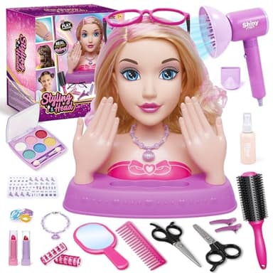 10.5" Hair Styling Doll Head for Girls – Kids Makeup & Hair Salon Playset with Washable Makeup, Toy Hair Dryer & 20+ Accessories, Pretend Beauty Styling Head, Birthday Gift for Girls Ages 3-10