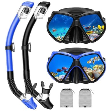 Snorkeling Gear for Adults, Snorkel Set Scuba Diving mask Dry-Top, Adult Swimming Goggles w/Nose Cover, HD Tempered Glass Panoramic Anti-Leak Anti-Fog, Travel Snorkeling Packages