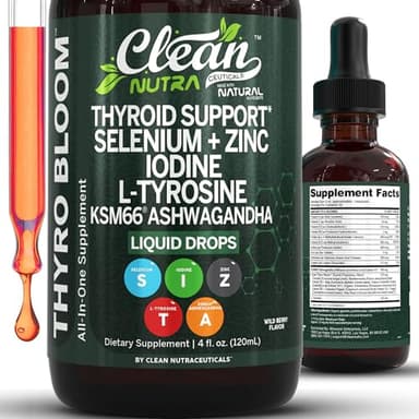 Clean Nutra Thyroid Support Drops Selenium Zinc Iodine L Tyrosine KSM66 Ashwagandha Vitamin D3 B12 A C Turmeric Kelp Schisandra Guggul Cayenne Basil Liquid Supplement Folate Copper Thyro Bloom Drop
