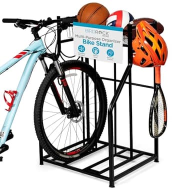 BIRDROCK HOME Bike Rack Garage Storage Floor Stand - Freestanding Organizer for Outdoor Yard - Upright Wall Mount for Scooters, Rakes, Motorcycles, Hoverboards, Gloves - Holds 2 Bicycle - Black