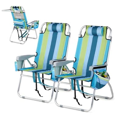 VINGLI Tall Beach Chair 2 Pack Lightweight, Backpack Beach Chair for Adults with 5-Position, Cooler Bag, Cup Holders, Towel Bar, Lightweight Folding Beach Camping Chairs （Blue/Green-16
