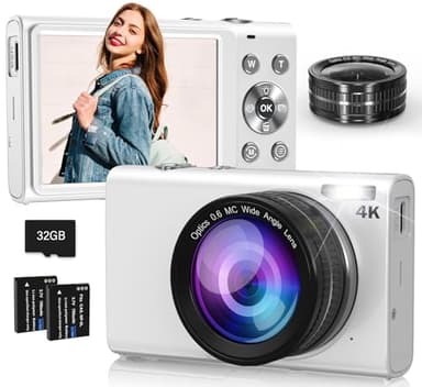 4K Digital Camera 64MP with Wide Angle Lens, 16X Digital Zoom Autofocus YouTube Compact Point Shoot Vlogging Camera for Teens/Beginners/Adult, 32GB Card, 2 Batteries, Anti-Shake(White)