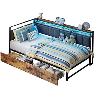 LIKIMIO Corner Bed Frame Twin Daybed with Storage Drawers, Metal Platform Bed Frame with LED Light, Charging Station & Fabric Upholstered Fence, Black