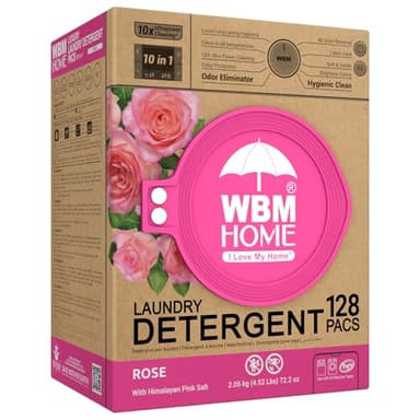 WBM 10-in-1 Laundry Pods, Total 128 Count, High Efficiency, Ultra Concentrate with Powerful Stain Lifter Technology, Fabric Softener With Rose Extracts, Detergent Pods