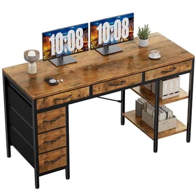 Sweetcrispy 55" Computer Desk with 6 Drawers, Home Office Gaming Desks with Storage Shelves for Bedroom, Writing Study Corner Living Room Work Table Rustic Brown