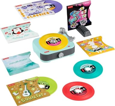 Fisher-Price Musical Toy Deluxe Rockin’ Record Player Pretend Turntable with 6 Albums for Preschool Play Kids Ages 3+ Years (Amazon Exclusive)