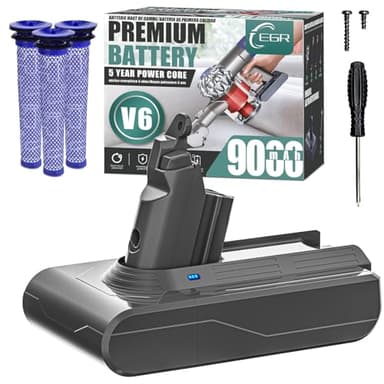 EGR Premium 9000mAh V6 Battery Replacement Compatible with Dyson V6 Animal/Absolute/Motorhead/Fluffy SV03 SV04 SV05 SV06 SV07 SV09 DC58 DC59 DC61 DC62 DC72 DC74 Vacuum Cleaner(Not Fit V7, V8)