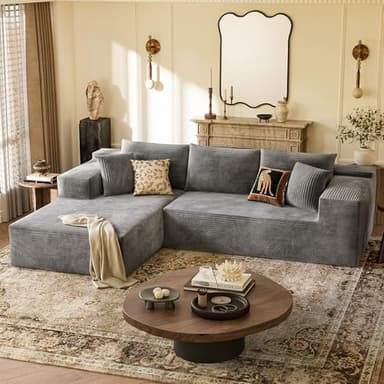 YESHOMY Boneless Couches for Living Room, 108" Sectional Modular Sectional Sofa with Deep Seat, Cloud Comfy Couch with L-Shape Chaise, Easy Assembly (Corduroy, Gray)