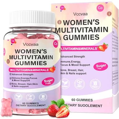 Vccvaa Sugar Free Multivitamin Gummies for Women 14+ with Iron, Inositol, Folate, Vitamins A C D3 E B12 K2, Herbal & Mineral Blend, Daily Vegan Gummy for Hair, Skin, Energy, Immune Support – 60 Count