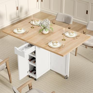 BHAODEAL Folding Dining Table with 6 Wheels, Drop Leaf Tables for Small Spaces, Foldable Dining Table with 2-Layer Storage Rack, Kitchen Table with Drawer (Oak)