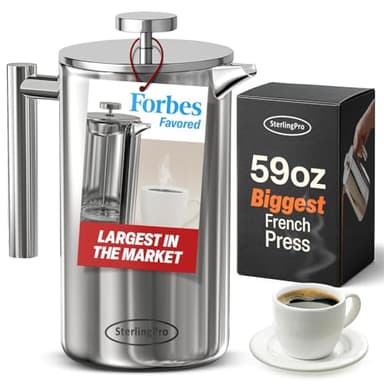 SterlingPro Stainless Steel French Press Coffee Maker 1.75 L (59 oz) Mirror – Double Walled Insulated Extra Large French Press, Durable Design Keeps Drinks Hot, Easy to Use and Clean for Rich Flavor