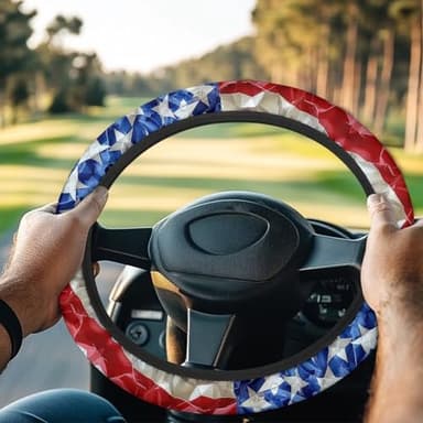 Qiyupavto American Flag Golf Cart Steering Wheel Cover Sweat-Absorbent Non-Slip Steering Wheel Protector Universal Golf Cart Accessories 4th of July Patriotic Decorations