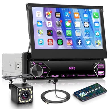 Single Din Flip Out IPS Touchscreen Car Stereo, 7inch Car Stereo with Bluetooth Car Audio Receivers, Backup Camera, FM Radio/Mirror Link/USB/AUX/TF/Type-C Fast Charging