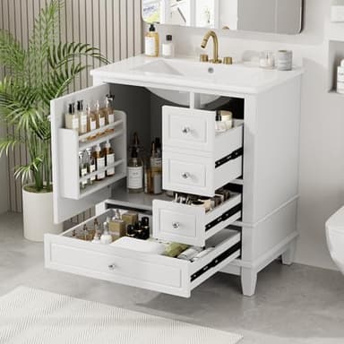 Harper & Bright Designs 30" Bathroom Vanity with Sink, Free Standing Single Basin Vanity Set with One Door and Three Drawers, Solid Wood Bathroom Cabinet with Ceramic Basin for Bathroom, White