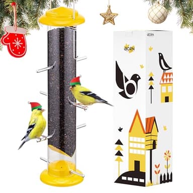 iBorn Finch Feeders for Outside,Nyjer/Thistle Bird Feeder,14 Inch Tube Bird Feeders for Outdoors Hanging,Metal Finch Feeders for Thistle Seed with 12 Small Ports,8 Metal Perches,Yellow,Pack of 1