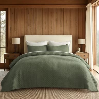 EVERGRACE Cross Stitch Pre-Washed Cotton Quilt Bedding Set King Size, Oversized 3 Pieces Lightweight Bedspread Coverlet for All Season, with 2 Matching Shams, Olive Green,108"x96"