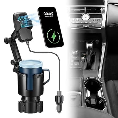 This Hill Cup Holder Phone Charger, 15W Fast Charging Auto Clamping, Phone Holder for Cup Holder Charger with Adjustable Base & 360° Rotation Compatible for All Smartphones(with Car Adapter)