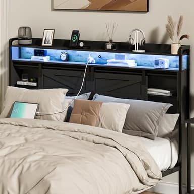 wanan Headboard King Size with Storage, 3 Tier Size Headboard only with Outlets, USB Ports and LED Light Strip, Headboards with Sliding Barn Doors, Adjustable Shelf (Black, King (U.S. Standard))